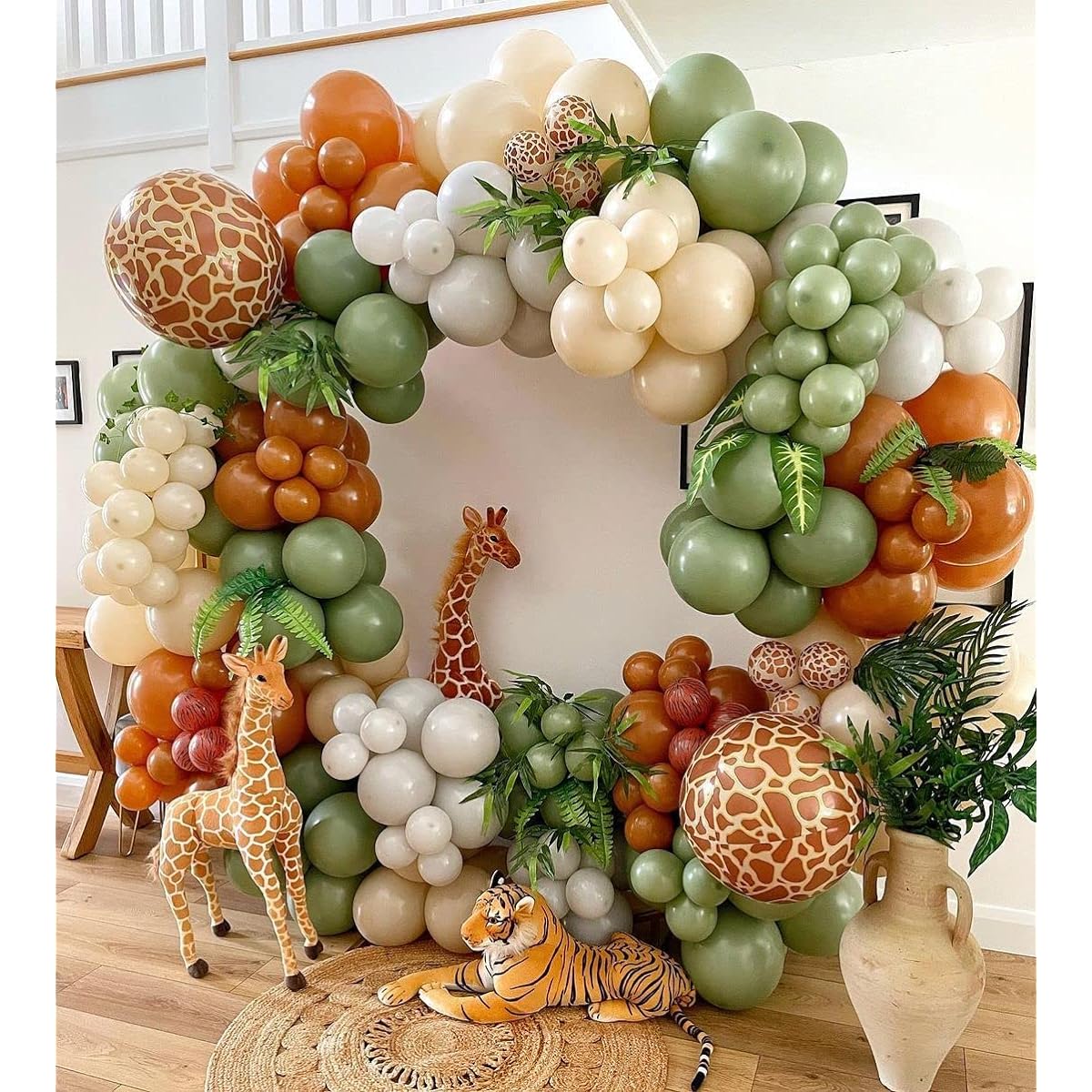 Safari Balloon Garland Arch Kit 147 Pieces Sage Green Coffee Brown Sand White Animal Print Balloons Jungle Safari Birthday Baby Shower Wild One Party Decorations