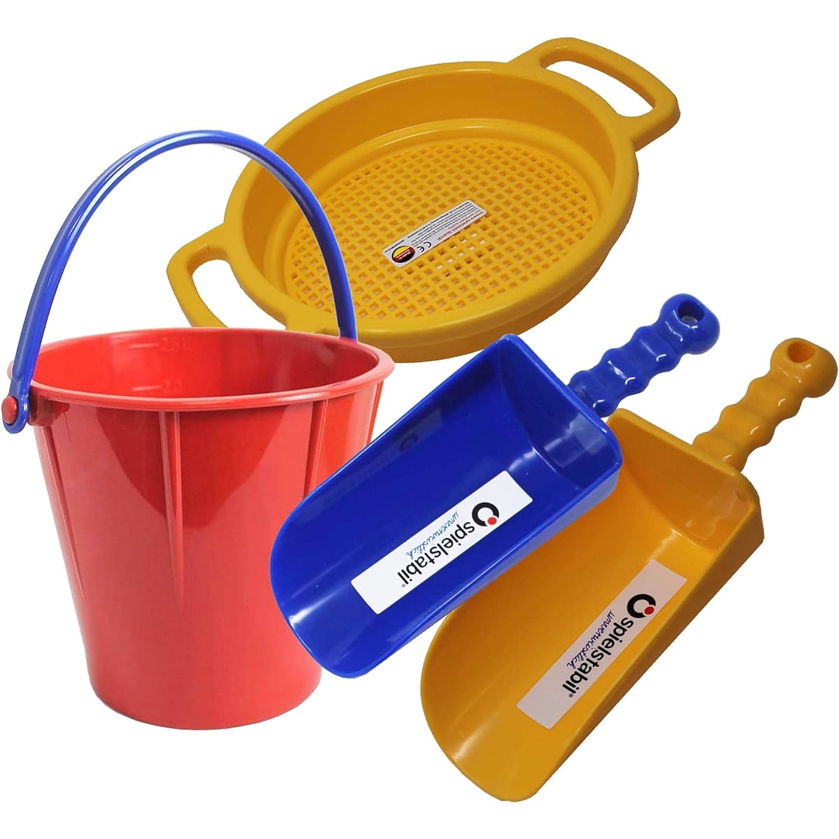 Spielstabil Sand Play Set - Large Pail, Large Sieve, 2 Large Scoops (Colors May Vary)