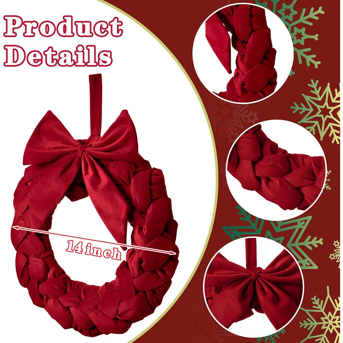 Soaoo Christmas Wreath for Entrance, 3 Piece Set 14 Inch Velvet Christmas Wreath Ornament with Ribbon for Party Table Fireplace Porch Wall New Year Halloween Home Decor
