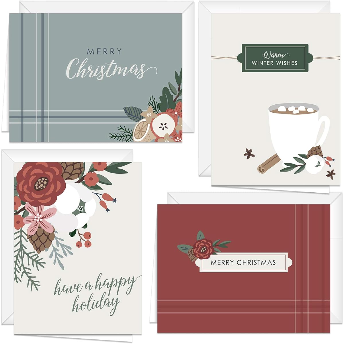 Winter Floral Christmas Card Assortment / 24 Seasonal Cards with White Envelopes / 6 1/4" x 4 5/8" Muted Winter Tones Holiday Greetings Pack