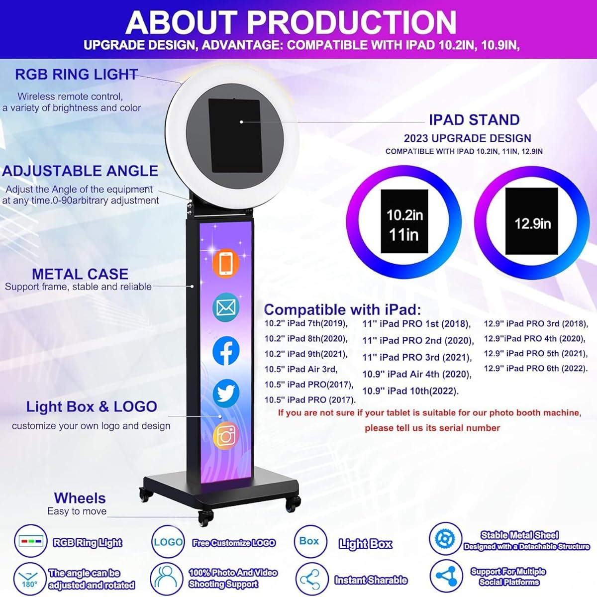 DIOSTA Portable 12.9" iPad Pro Photo Booth Machine Metal Shell iPad Stand Selfie Photo Booth with Advertising Light Box Free Custom Logo RGB Ring Light Flight Case for Party Rental Business