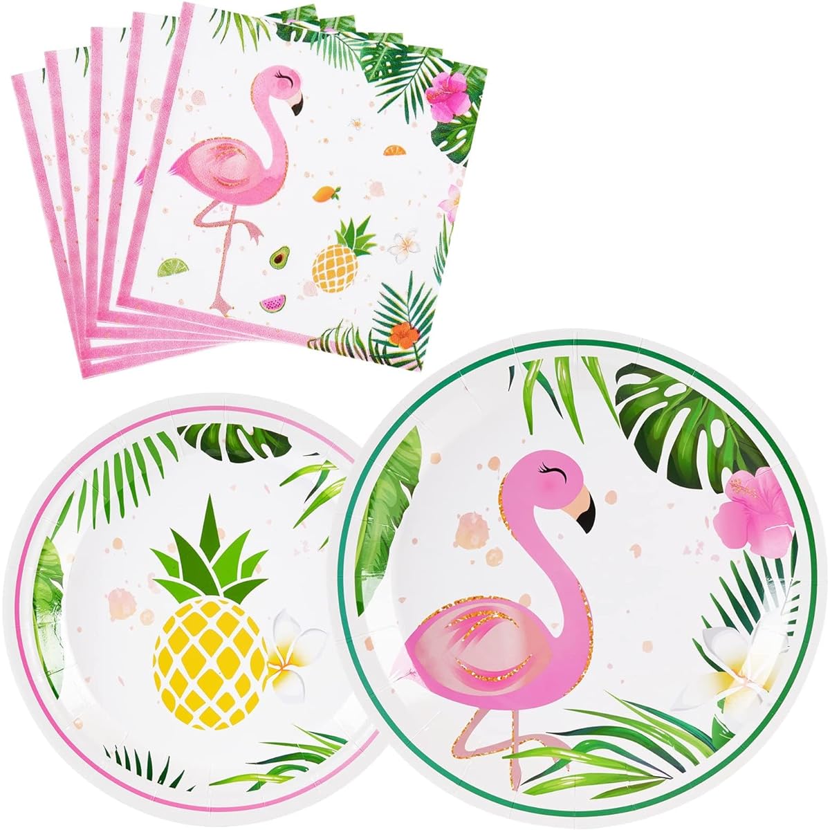WERNNSAI Flamingo Party Supplies - Luau Disposable Summer Hawaiian Theme Tableware Set for Girls Kids Birthday Dinner Dessert Plates Napkins for 16 Guests 48 Pieces