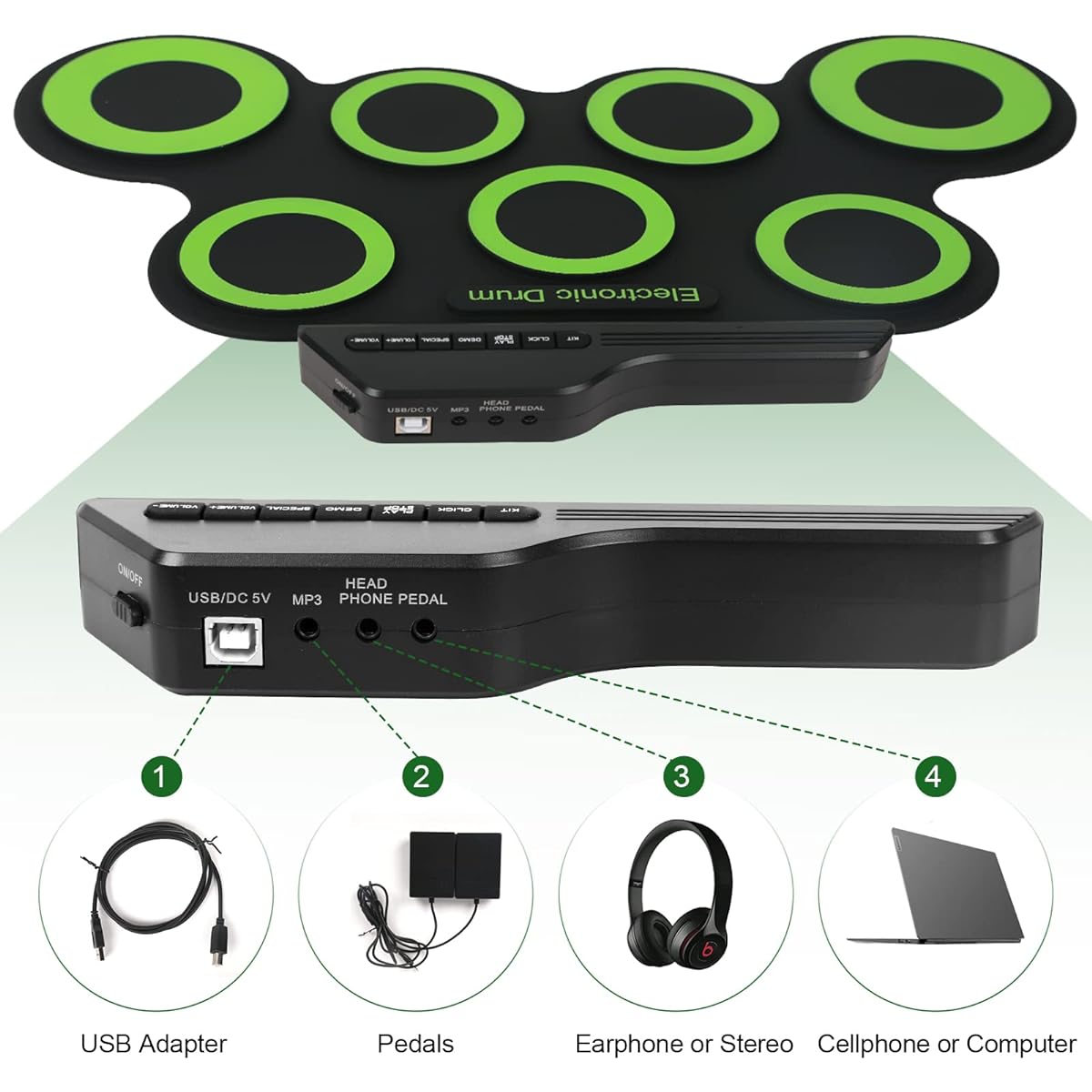 Topoworl Portable USB Electronic Drum Set Practice Drum Pad Foldable Silicone Jazz Drum Electric Drum Set (Green)