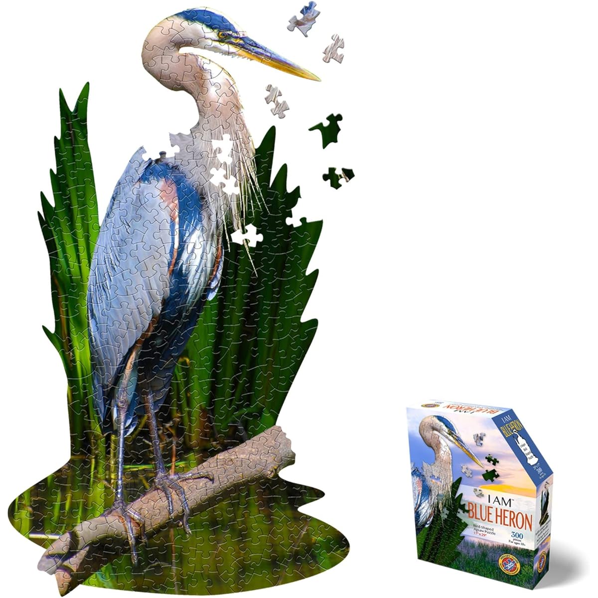Madd Capp Blue Heron 300 Piece Jigsaw Puzzle for Ages 10+ - 6021 - Uniquely Shaped Border Challenging Random Cuts Deluxe 5-sided Tamper-Proof Box Includes Educational Madd Cap Fun Facts