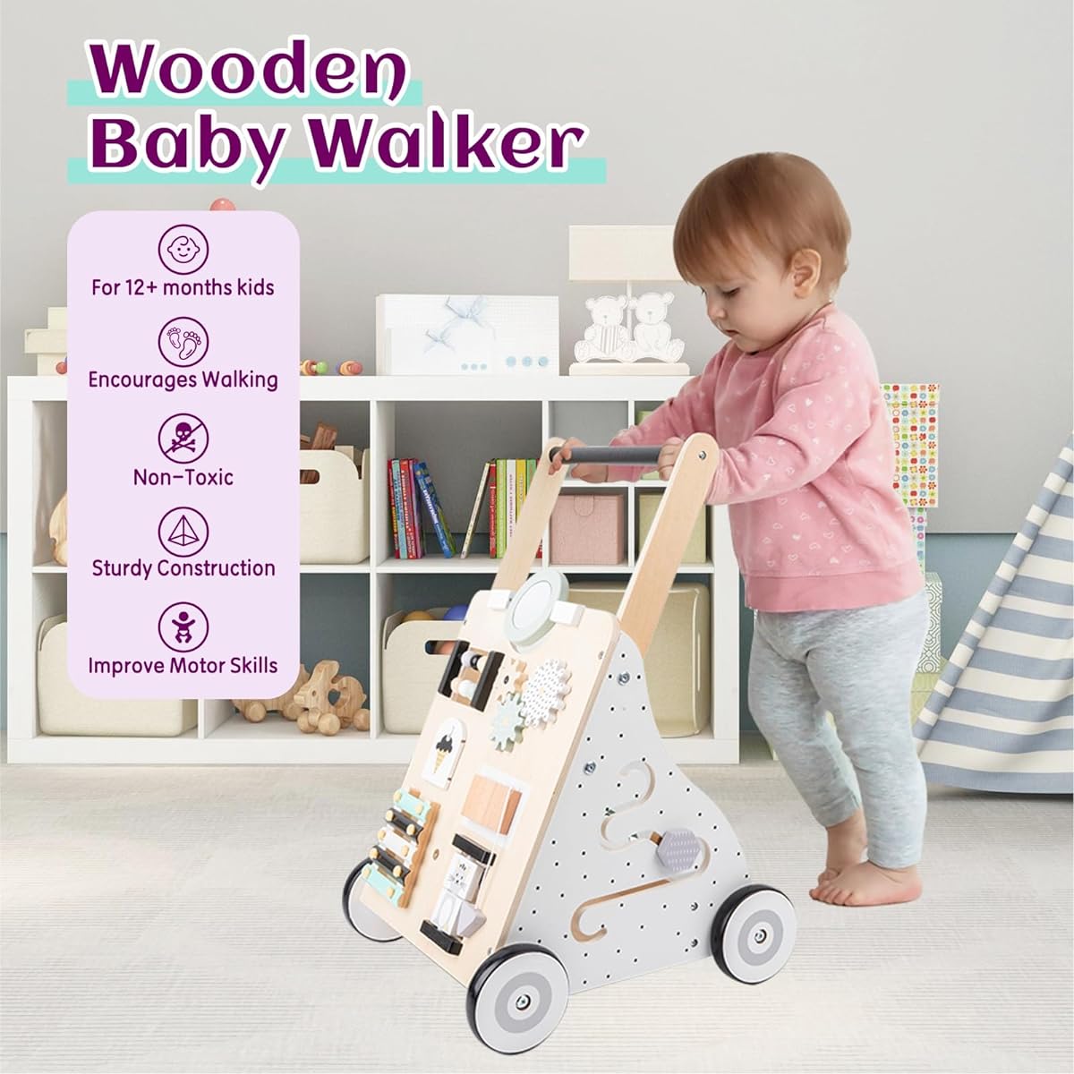 HERQUEEN Wooden Baby Walker with Wheels Push & Pull Baby Walker Toddler Activity Walker Toy for Girls/Boys Learn to Walk, Develop Motor Skills, Stimulate Creativity