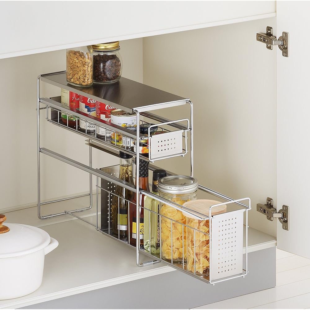 Yoshikawa Made in Japan Under Sink Slide Storage 2 Tiers Width 15 Silver 1305695