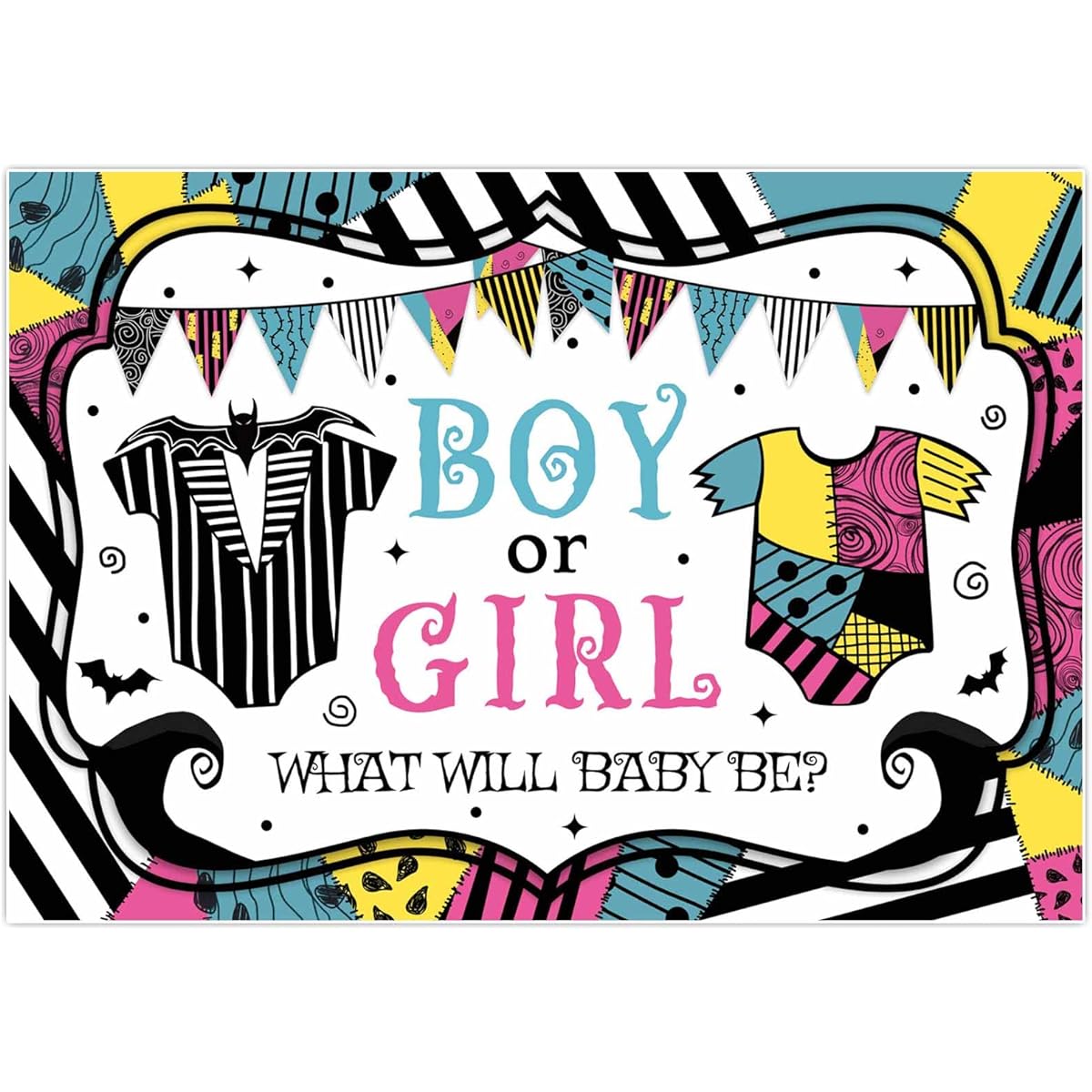 Allenjoy 84" x 59" Halloween Nightmare Gender Reveal Backdrop Boys Girls He or She What Will Baby Be Party Supplies Background Banner Decor Photo Booth Props Gift