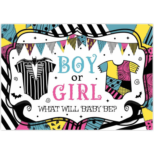 Allenjoy 84" x 59" Halloween Nightmare Gender Reveal Backdrop Boys Girls He or She What Will Baby Be Party Supplies Background Banner Decor Photo Booth Props Gift
