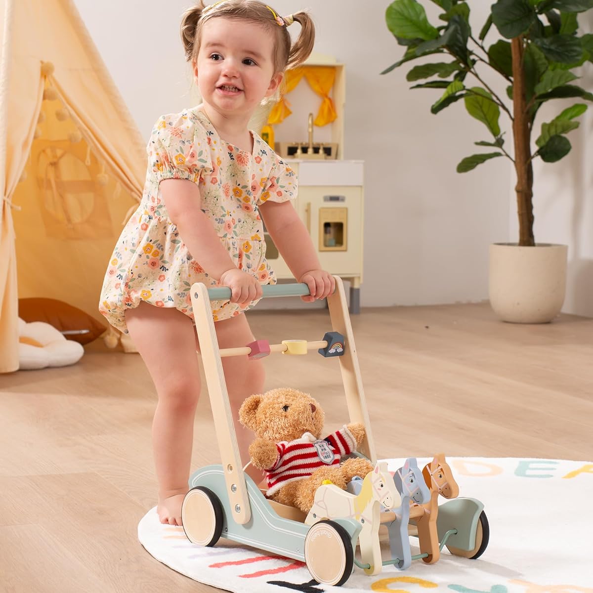 Giant Bean Wooden Baby Walker for Boys and Girls, Galloping Pony Push and Pull Learning Activity Walker, Baby Push Walker with Wheels, Montessori Toy, Develops Motor Skills and Inspires Creativity