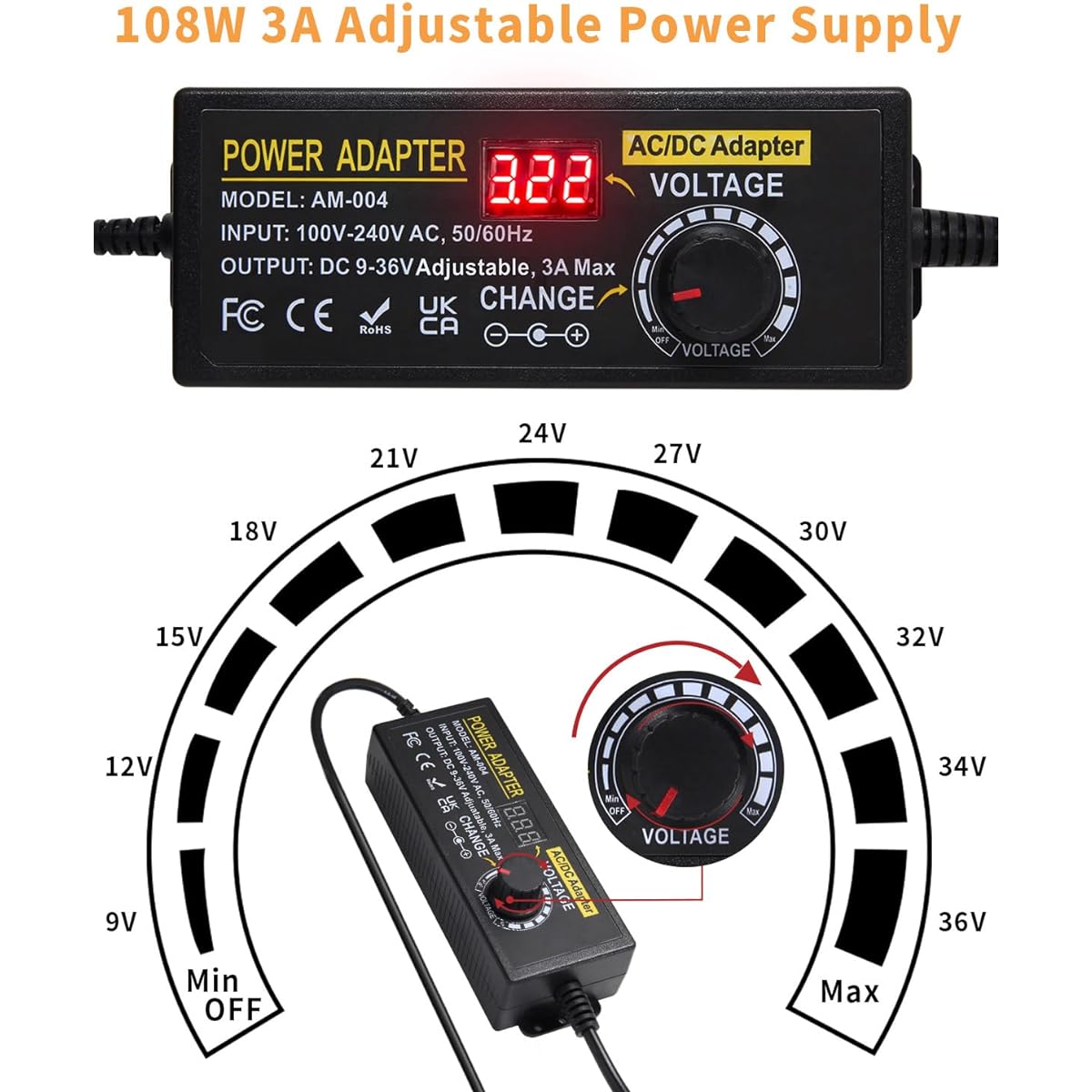AOYADAISU 9~36V Adjustable Power Adapter - 108W 3A Universal Power Supply with 14 Chips - 100-240V 50-60Hz AC to DC Power Converter for LED Strip Light Router CCTV Camera