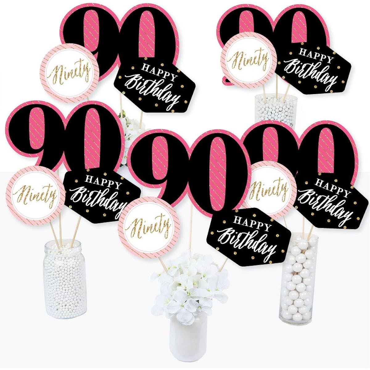 Chic 90th Birthday - Pink, Black, Gold - Birthday Party Centerpiece Sticks - Table Toppers - Set of 15