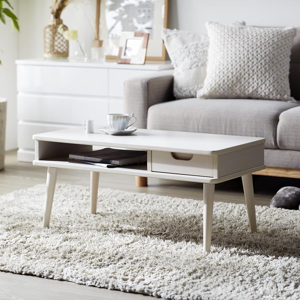 Iwatsuki Living Table Drawer Storage Wooden Natural Wood Legs Compact Width 80 x Depth 40 x Height 37cm White White IW-37WH