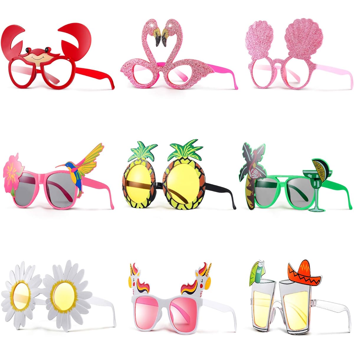 Skylety 9 Pieces Luau Party Sunglasses Novelty Hawaiian Party Eyeglasses Funny Tropical Glasses Summer Party Eyewear Fancy Photo Booth Props Dress Costume Party Accessories