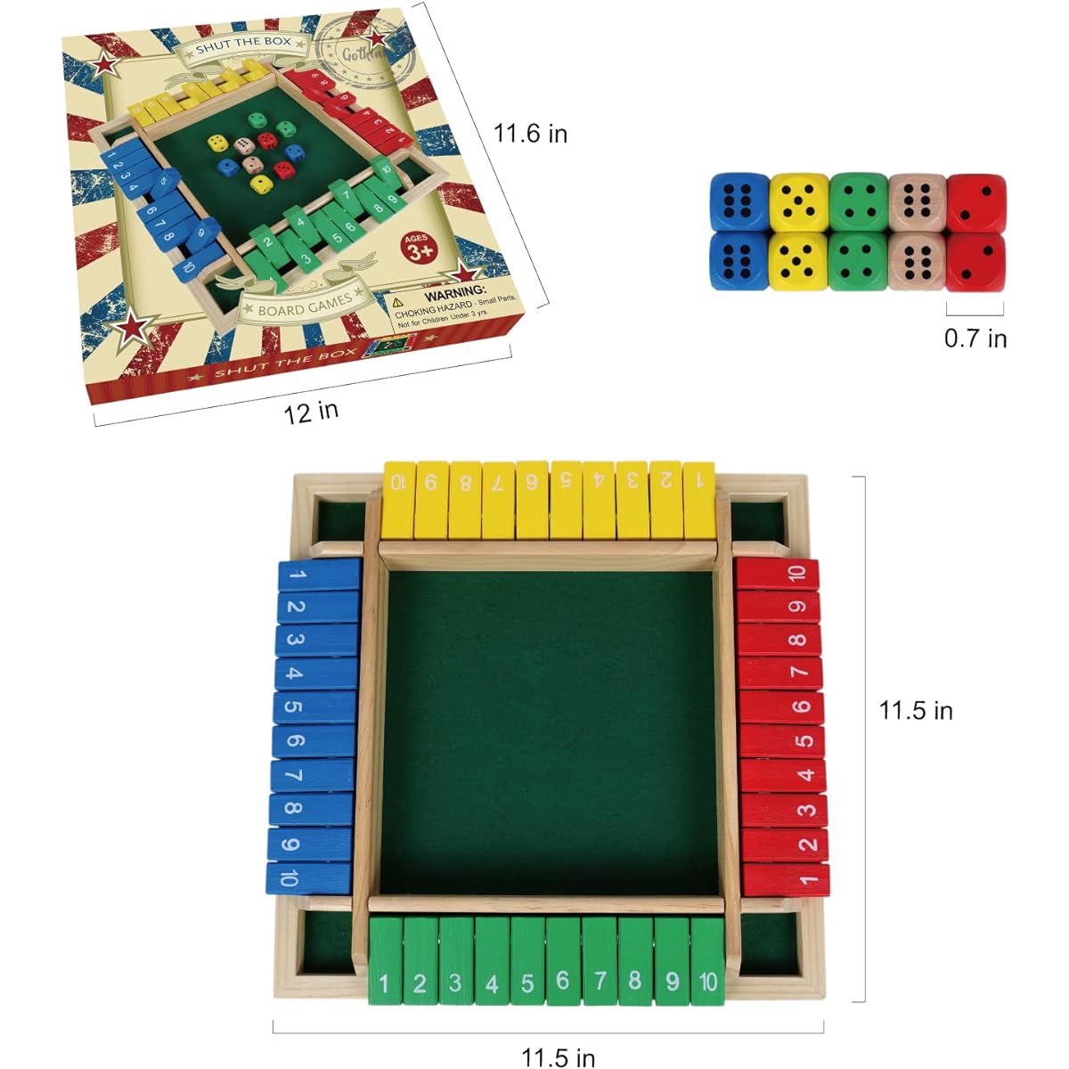 GOTHINK 12 Inch Shut The Box Dice Game with 10 Dice Colorful Traditional Wooden Table Math Board Game 10 Numbers for Kids/Adults/Family/Classroom/Home/Pub Bar for 1-4 Players