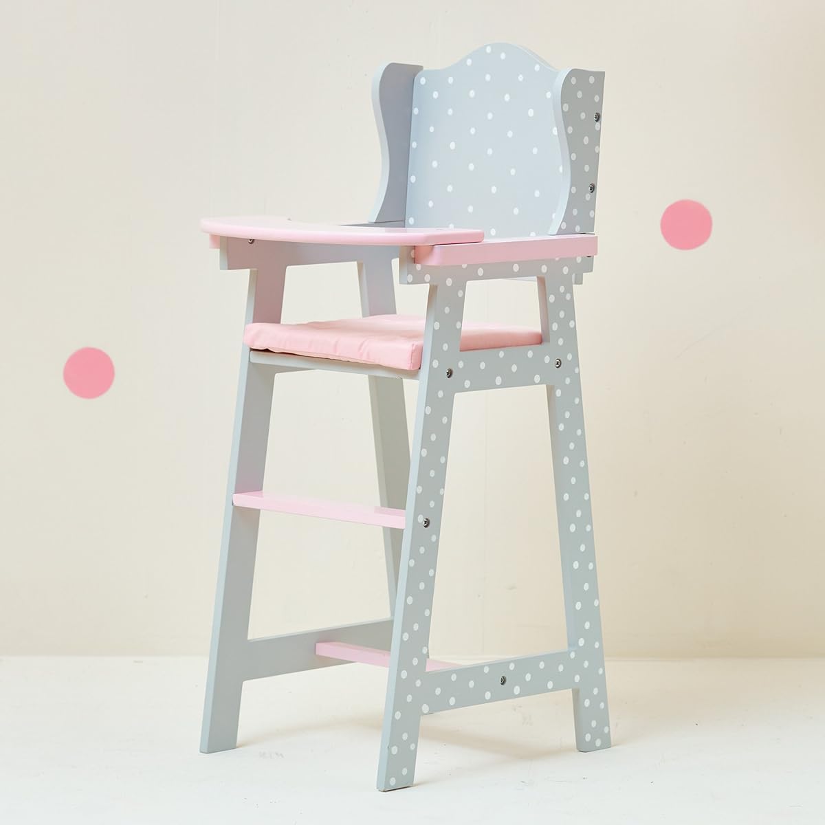Olivia's Little World Polka Dot Princess Baby Doll High Chair, Nursing High Chair, Toddler Wooden Doll Play Furniture, Grey, Fits 16" Baby Doll