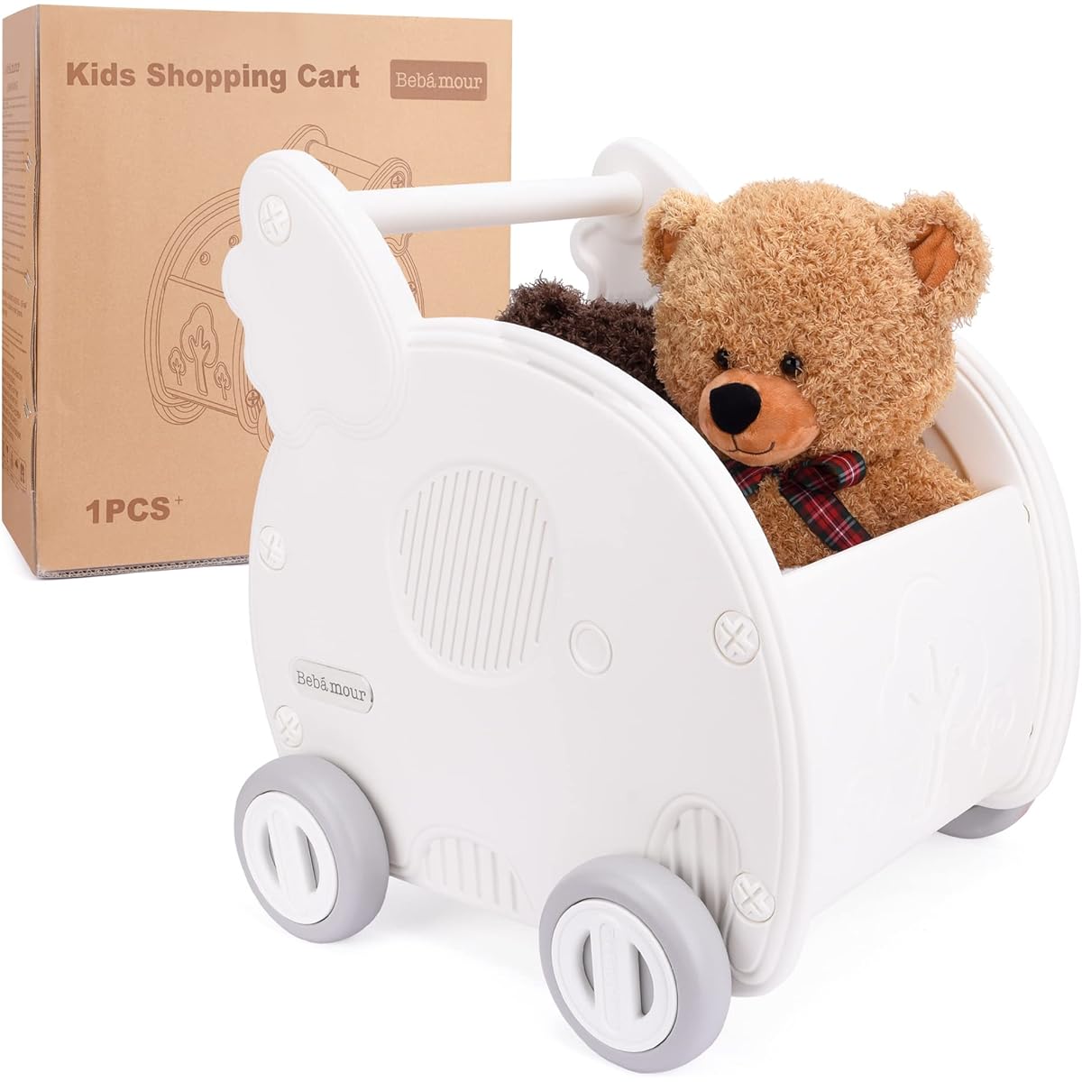 Bebamour Doll Stroller, Baby Shopping Cart Push and Pull Stroller 2 in 1 Toddler Learning Walker Toy Storage Chest Shopping Cart and Doll Stroller White Cart