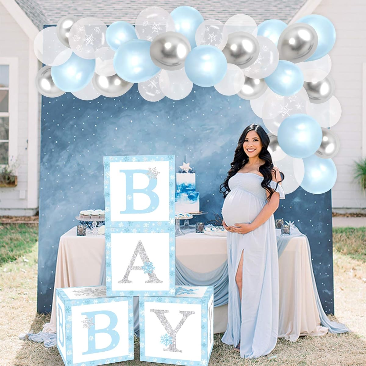 Baby Shower Decorations Balloon Box Winter Wonderland Snowflake Baby Shower Box Gender Reveal Party Supplies Christmas Holiday Blue Snowflake Birthday Party Boy Girl Cake Smash Photo