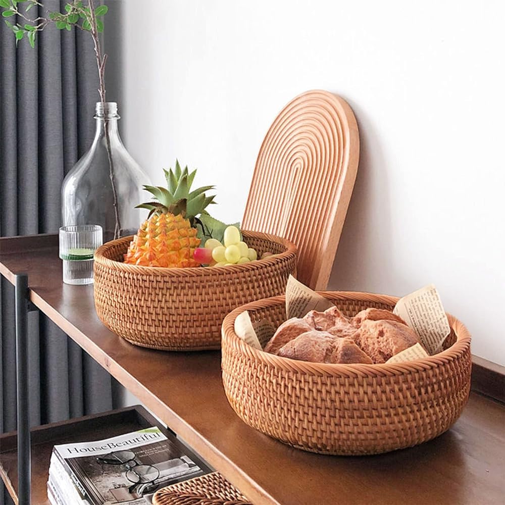 Lirancia Rattan Basket, Made of Rattan, Natural Material, Round, Shallow Tray, Deep, Lightweight Box, Durable, Vegetables, Bread, Japanese Style Bag [Set of 3 Shallow Types]