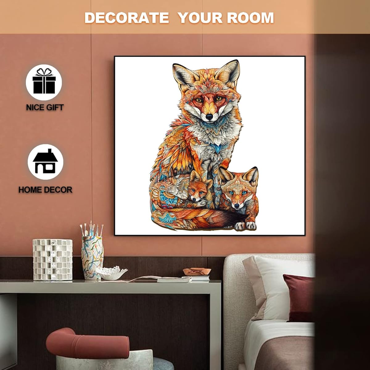 Wooden Puzzle for Adults Wooden Fox Puzzle Beautiful Box and Animal Shape Puzzle Wooden Jigsaw Puzzle Perfect for Family Games and Decorations (M-12.8 * 8.3 Inch 190 Pieces)