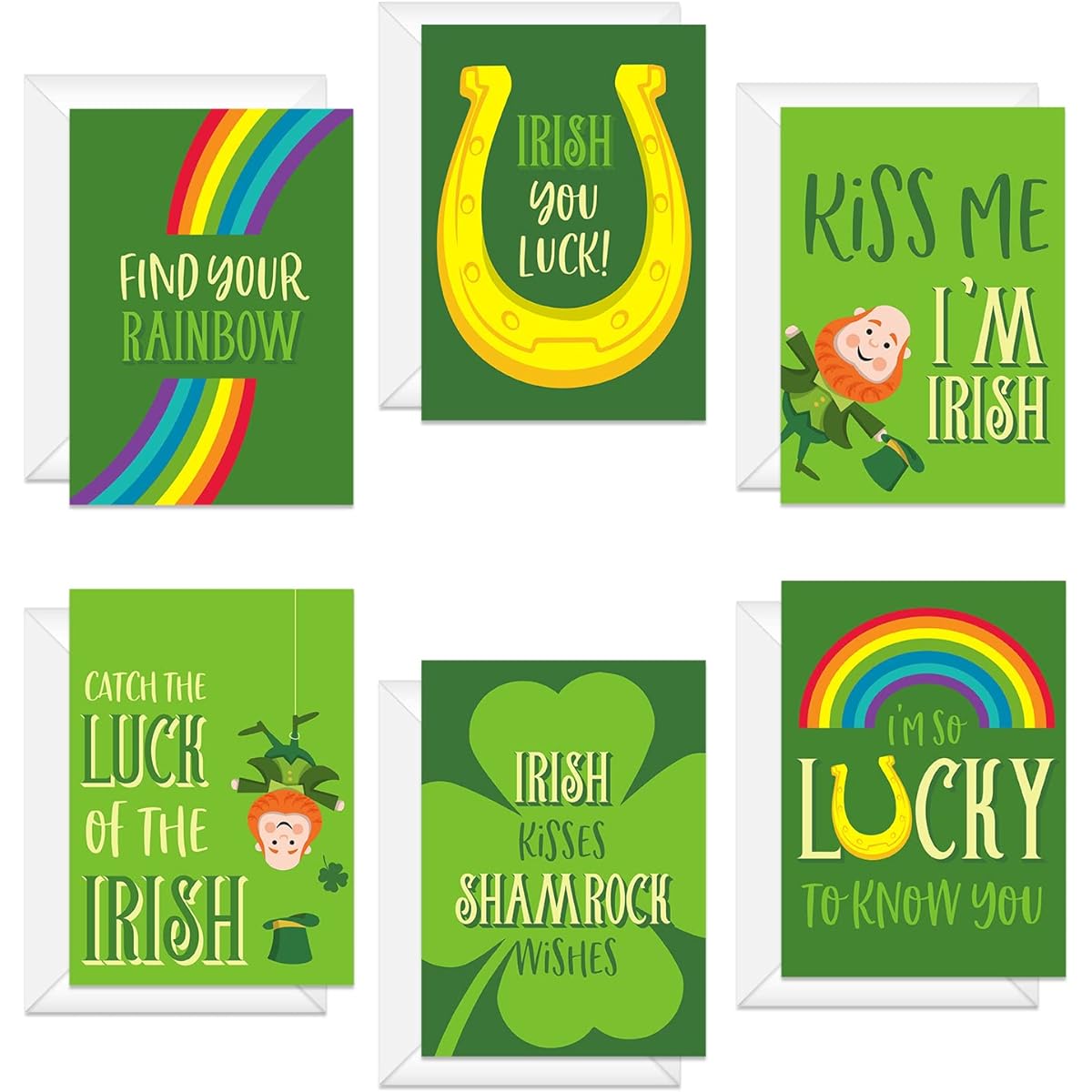 St. Patrick's Day Card Pack / 5" x 7" Illustrated Shamrock St. Patty's Cards with White Envelopes / 12 Full Color Lucky Leprechaun Greeting Cards / Made in the USA