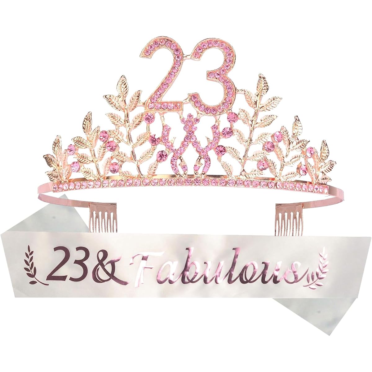 DORADREAMDEKO 23rd Birthday Sash and Tiara for Women - Lovely Set: Glitter Sash + Leaf Rhinestone Pink Premium Metal Tiara for Women Gift for 23rd Birthday Party