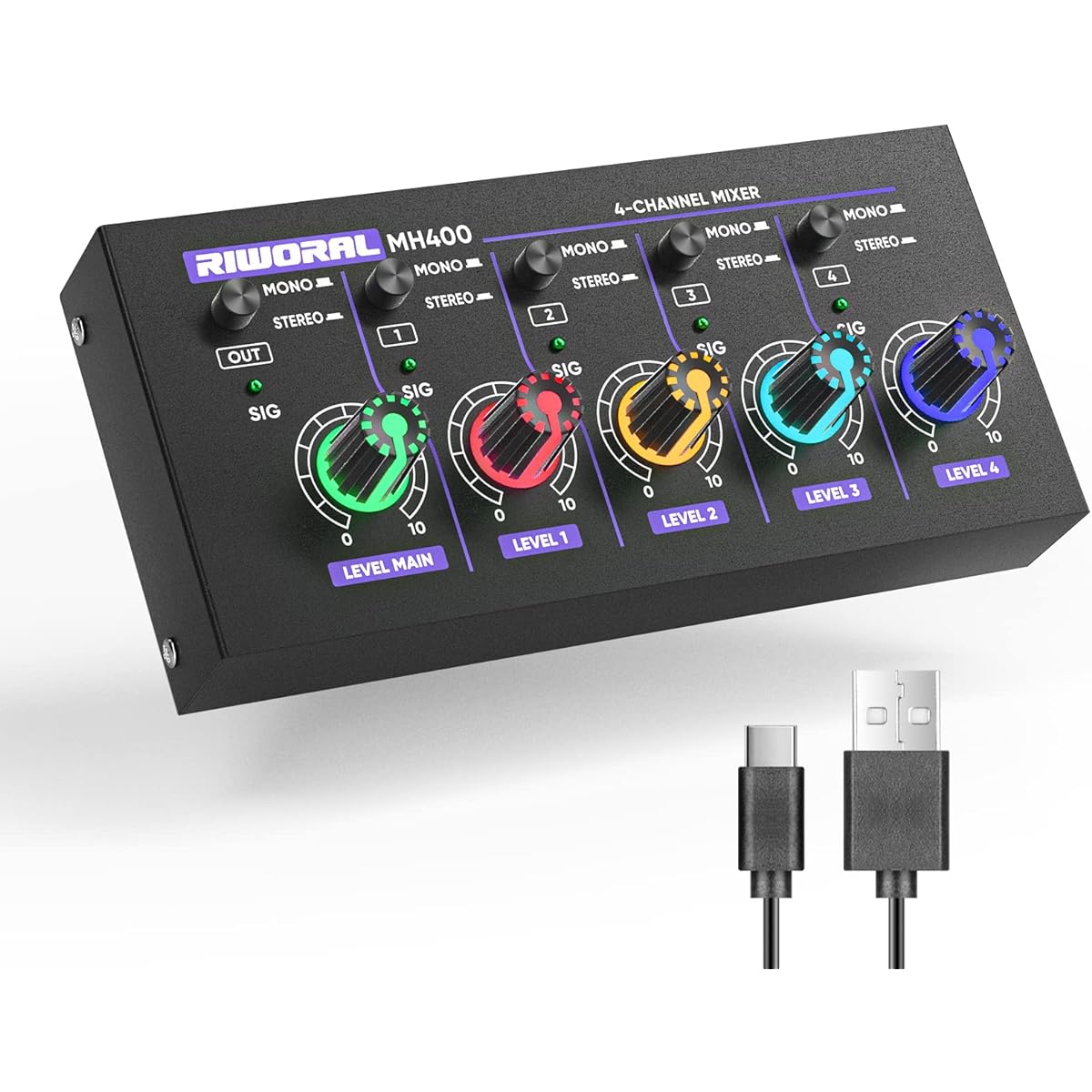 Riworal Mini Audio Mixer Ultra Low Noise 4 Channel Mixer Audio Mono and Stereo Line Mixer for Stage Small Club Bar MH400