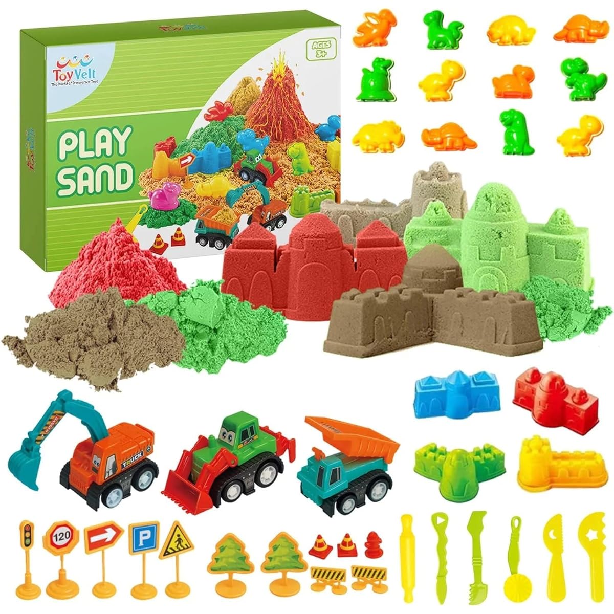 ToyVelt Dinosaur Kinetic Play Sand Toys, and Dinosaur Figures Set - Set Incl 14 Molds and 3 Bags of Sand Extra 12 Dinosaur Toys - Gift for Boys and Girls Age 3 -12 Years Old 141［並行輸入］