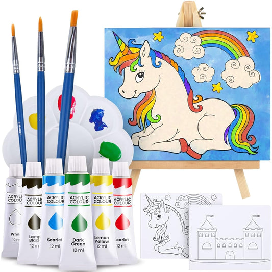 Paint Easel Kids Art Set - 14 Piece Acrylic Paintings, 6 Non-Toxic Washable Paints, 1 Wood Easel, 2 8 x 10 Inch Stencil Canvases, 3 Brushes, Palette and Color Mixing Chart, Craft Supplies