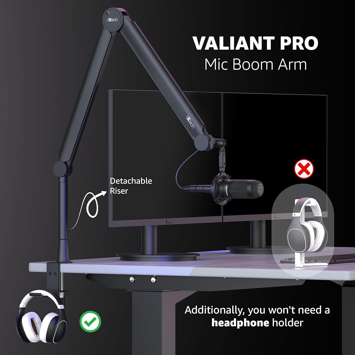IXTECH Microphone Arm Boom Arm 360° Rotatable Microphone Boom Arm with Desk Mount Fully Adjustable for Podcast Video Game Radio Studio Recording Sturdy Universal VALIANT Pro