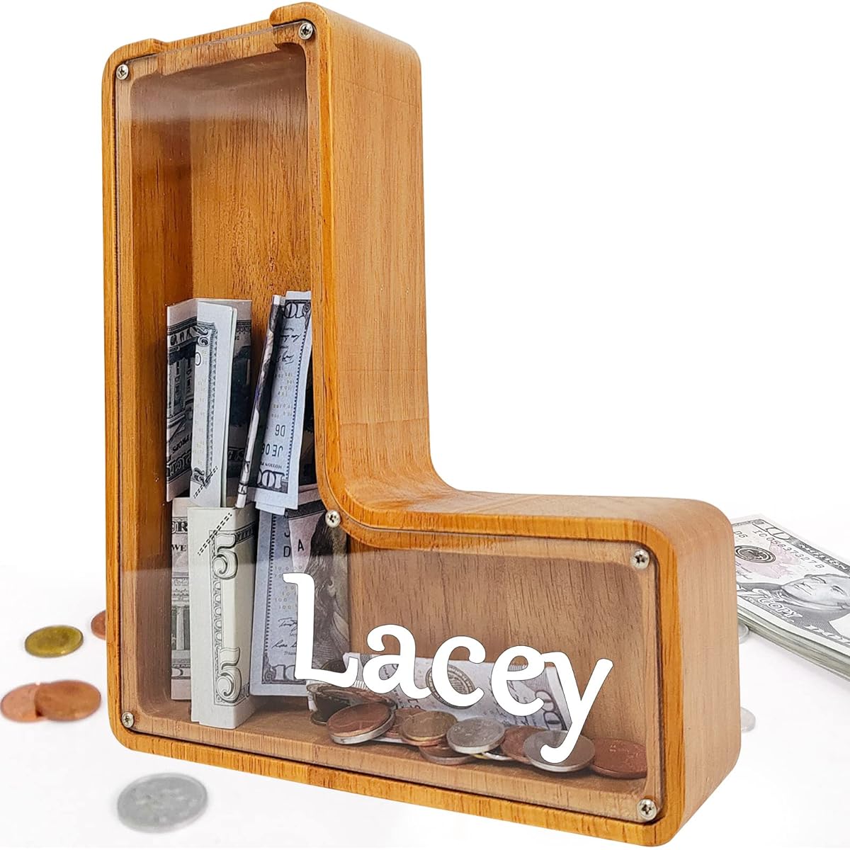 Custom Wooden Piggy Bank Creative 26 English Alphabet Letter Storage Tank Personalized Letter Coin Bank Customized Wooden Toy Piggy Bank Frame DIY Your Own Name Letter Decorative Kids Piggy Bank (L)