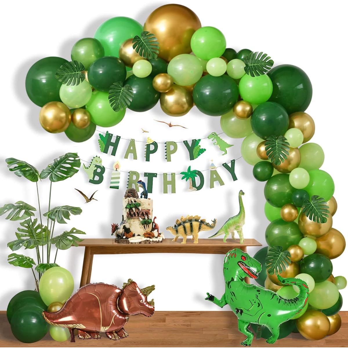 Dinosaur Party Decorations with Balloons Arch Garland Kit, 130pcs Tyrannosaurus Rex Green Gold Balloons for Kids Baby Shower Jungle Jurassic Safari Theme Birthday Party Celebration
