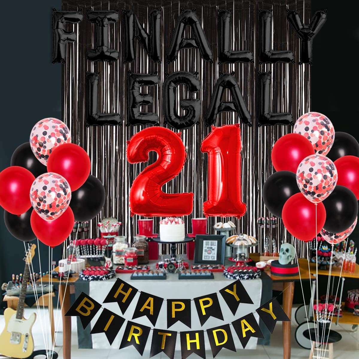 Finally Legal 21st Birthday Decorations for Teens Adults Black and Red 21st Birthday Party Supplies Finally Legal Birthday Balloon Banner Fringe Curtain Number 21 Balloon Decor
