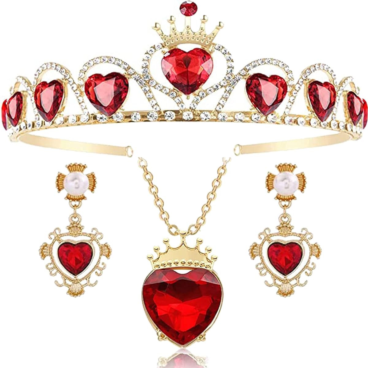 Evie Red Heart Necklace Tiara Set Earrings Descendant Costume Headdress Queen of Hearts Gold Crown
