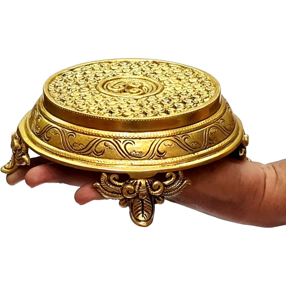 ESPLANADE Brass Decoration Round Puja God Stool | Brass Chowki | Home Decor Sitting Table 7 Inch Medium Gold