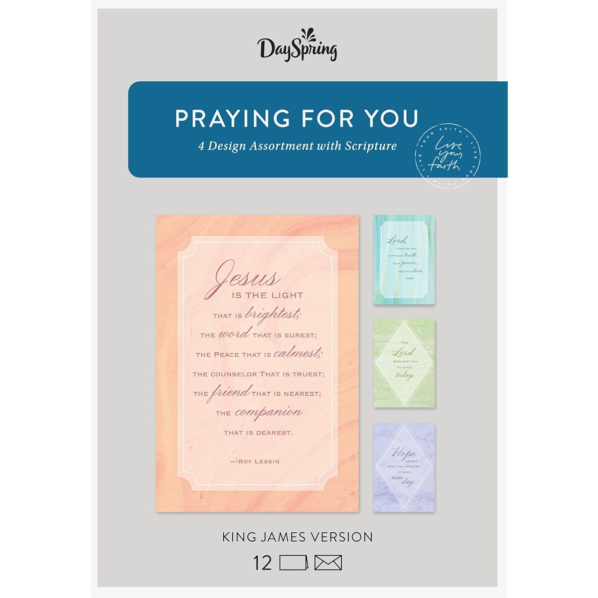 DaySpring - Praying for You James King Version - Assortment of 4 Designs with Scriptures - Boxed 12 Cards and Envelopes (J5120)