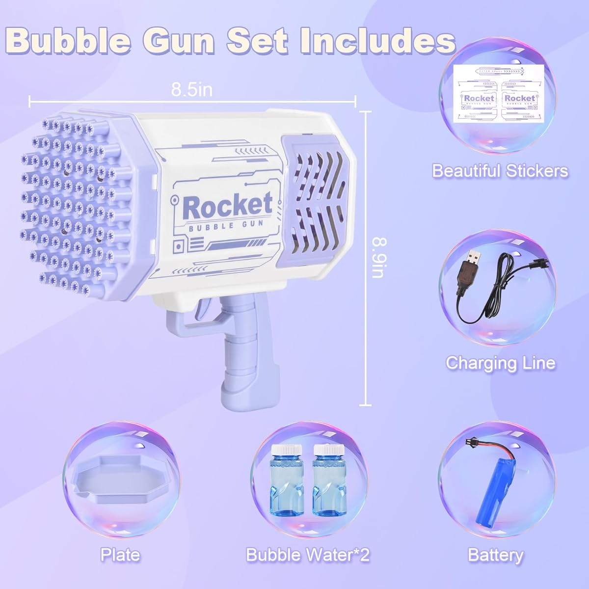 Purple Bubble Machine 69 Holes Rocket Bubble Kids Christmas Toys for Boys Girls Age 3 4 5 6 7 8 9 10 11 12 Years Old Outdoor Birthday Wedding Party Bubble Solution Toy Gift