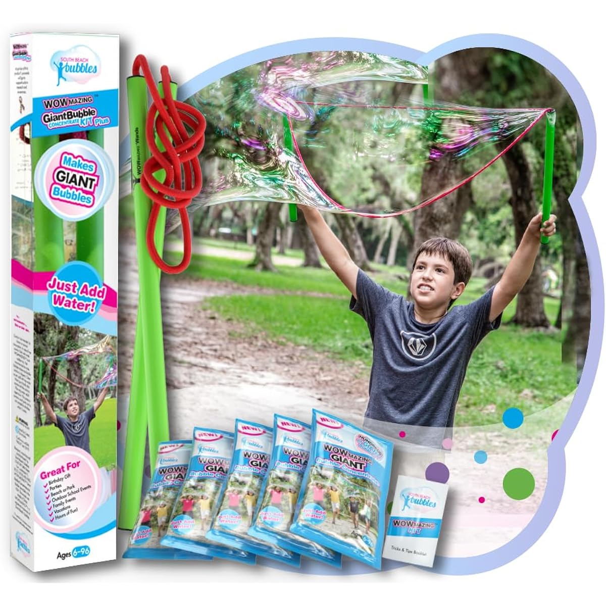 WOWMAZING Giant Bubbles Kit Plus - Great Value - Big Bubbles kit Including Big Bubble Wand and Giant Bubble Solution Concentrate (Makes 1.5 Gallon of Large Bubbles)