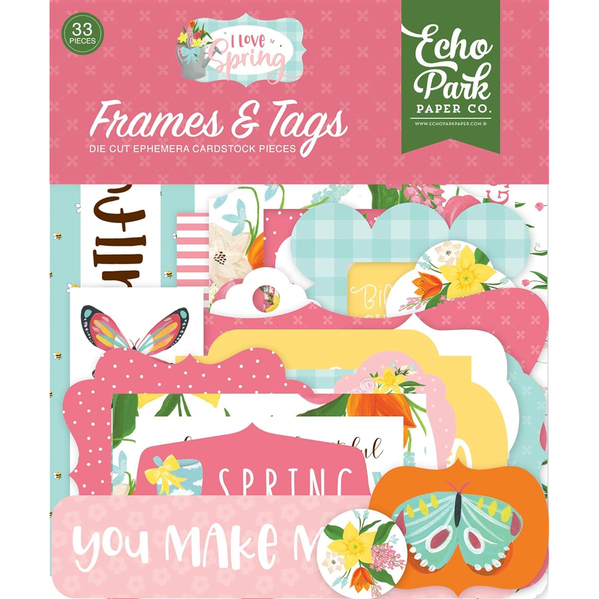 Echo Park Paper Company LSP204025 I Love Spring Frames & Tags Ephemera, Pink, Teal, Yellow, Green