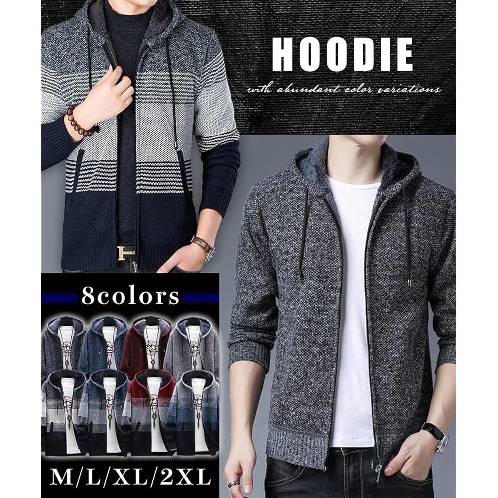 [Ganata] 2 Designs 8 Colors Tri Color Zip Up Knit Sweater Hooded Autumn/Winter Casual Cardigan Border