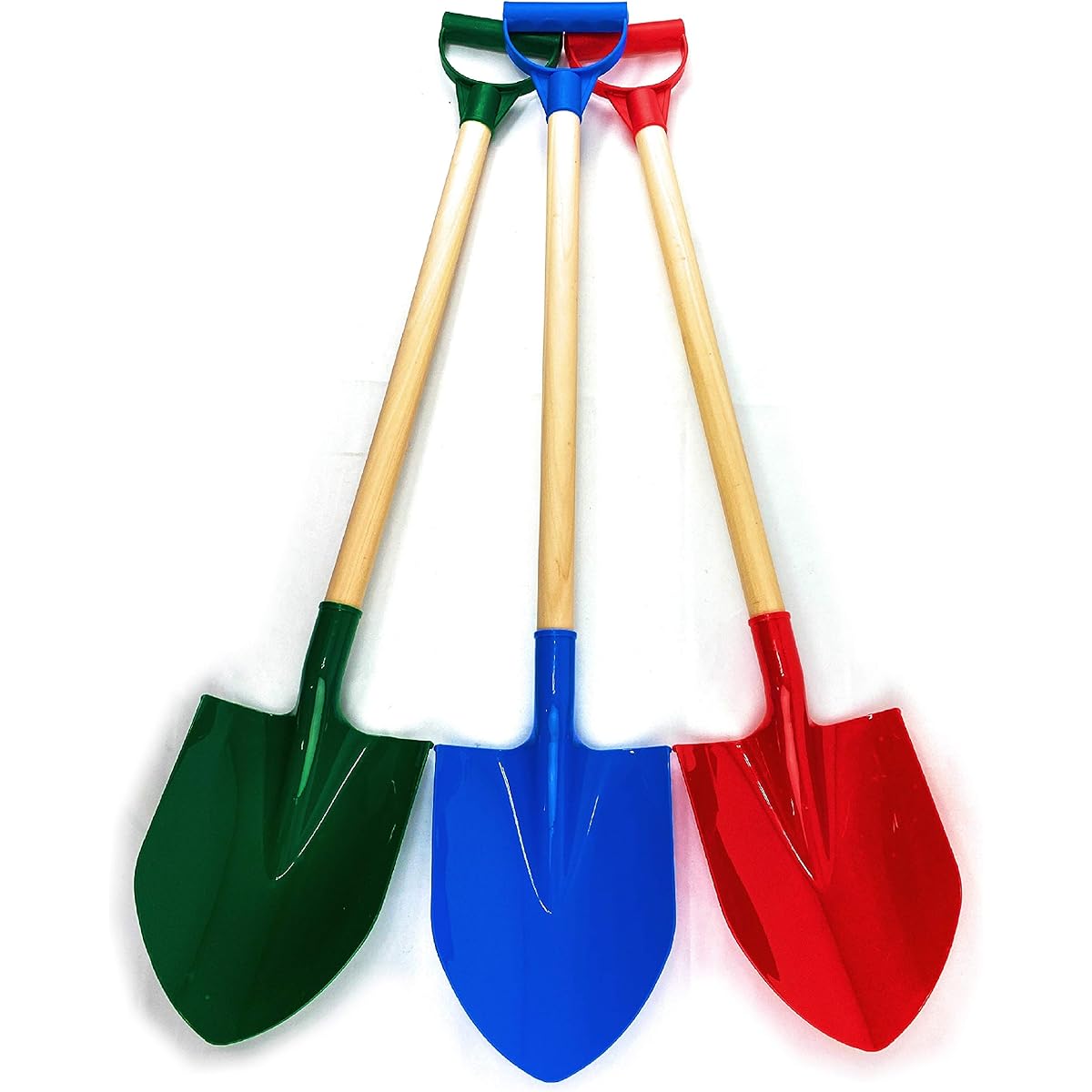 Matty's Toy Stop 31" Heavy Duty Wooden Kids Shovel with Plastic Spade & Handle (Red, Blue, Green) Complete Gift Set Bundle - 3 Pack