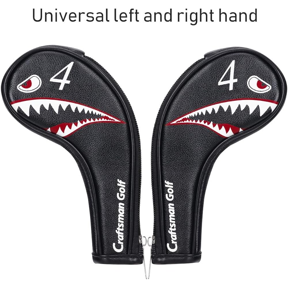 CRAFTSMAN Golf iron cover head cover set, 10 pieces, 4-9, P, A, S, L, numbers on both sides, for both left and right hands, shark pattern, long neck, fastener closure, synthetic leather, black