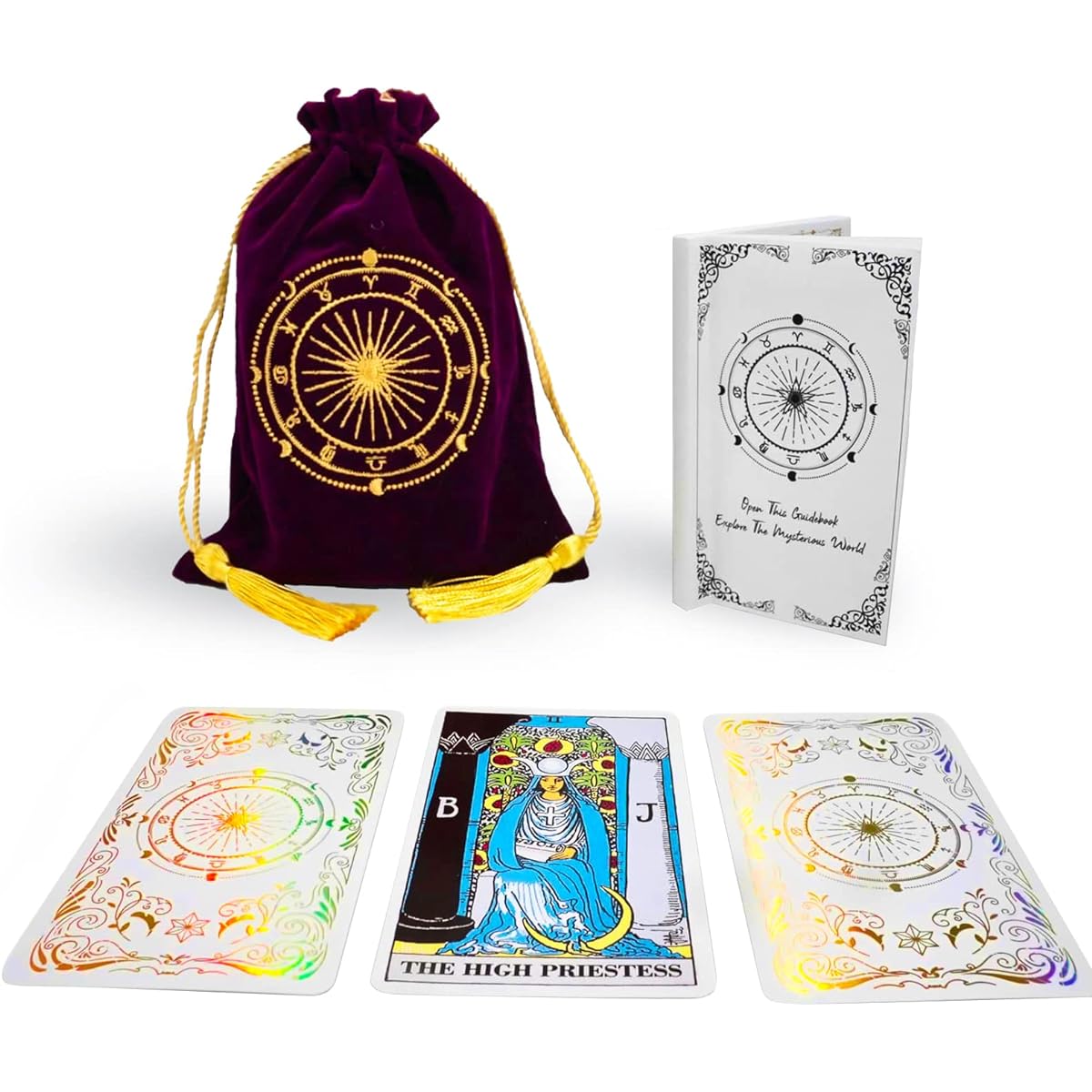 SPIRITDUST Tarot Card Deck - Original Tarot Deck for Beginners with Guidebook - Holographic Tarot Deck & Embroidered Tassel Carry Bag (White/Silver)