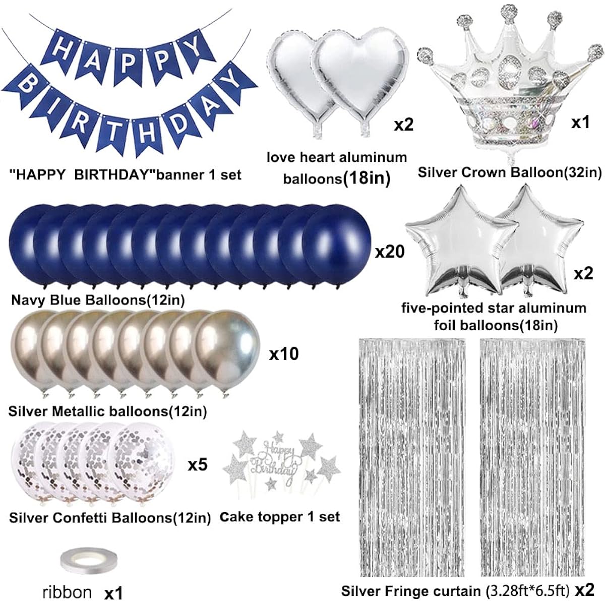 Navy Blue Silver Happy Birthday Party Decorations Set for Men Boys Women Girls Banner Crown Balloons Fringe Curtain Cake Topper 13/16/18/21/25/30/40/50/60/70 Party Supplies