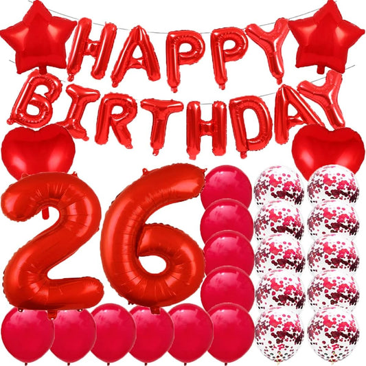 26th Birthday Decorations Party Supplies Red Number 26 Balloons, 26 Foil Mylar Balloons, Latex Balloons Decorations, 26th Birthday Gifts for Girls, Women, Men, Photo Props