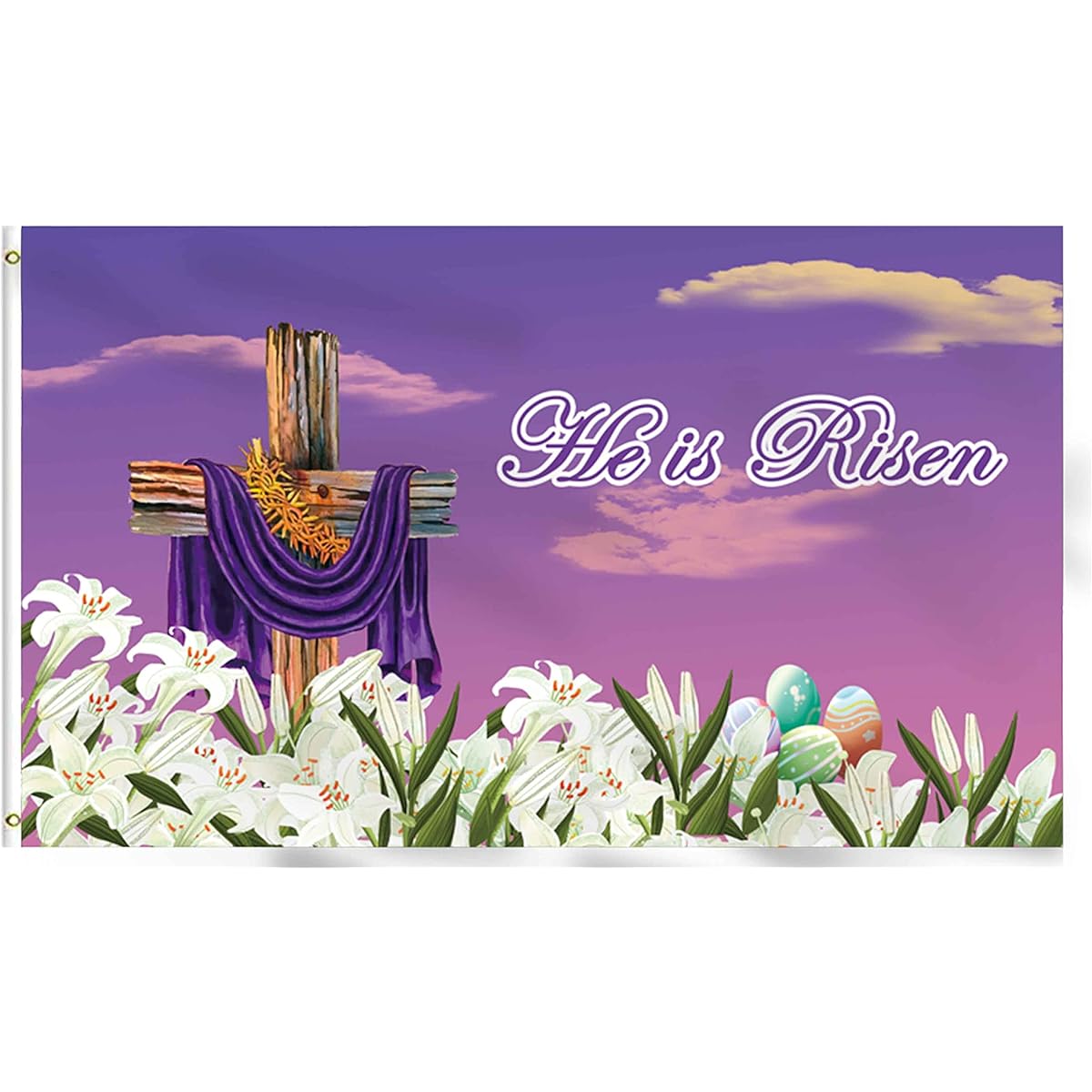 FLCHWY He is Risen Spring Easter Cross Flag Banner 3x5ft Easter Lily Cross Flag Spring Party Decoration Banner Flag Holiday Party Supplies Hanging Canvas Header Polyester Outdoor Decor with Brass Grommets