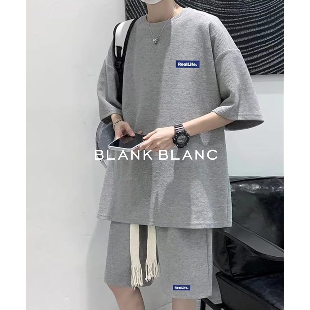 [BLANK BLANC] Top and Bottom Setup Men's Waffle Room Wear T-Shirt Shorts with Belt Spring Summer B13