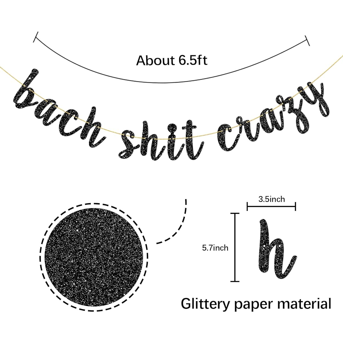 Bach Shit Crazy Banner Black Glitter Bachelorette Party Bunting Decorations