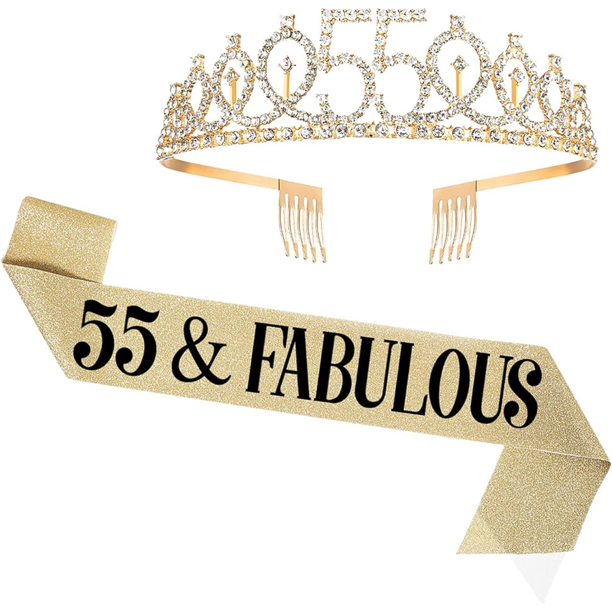 UVATAHONA 55th Birthday Sash and Tiara for Women 55 & Fabulous Sash and Crown 55th Birthday Decoration Gift for Women Queen Party Favors Supplies Gold