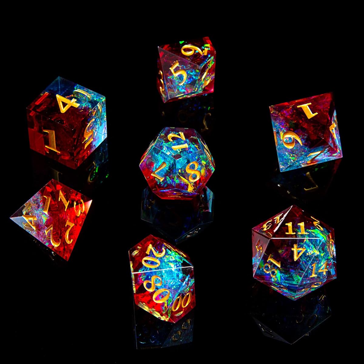 D&D Dice Sharp Edges and Glitter Inclusions TTRPG Dungeons & Dragons Dice Collection Dice DND 6E Holographic Rainbow Color UV Dice Ghost Light (Red Blue)