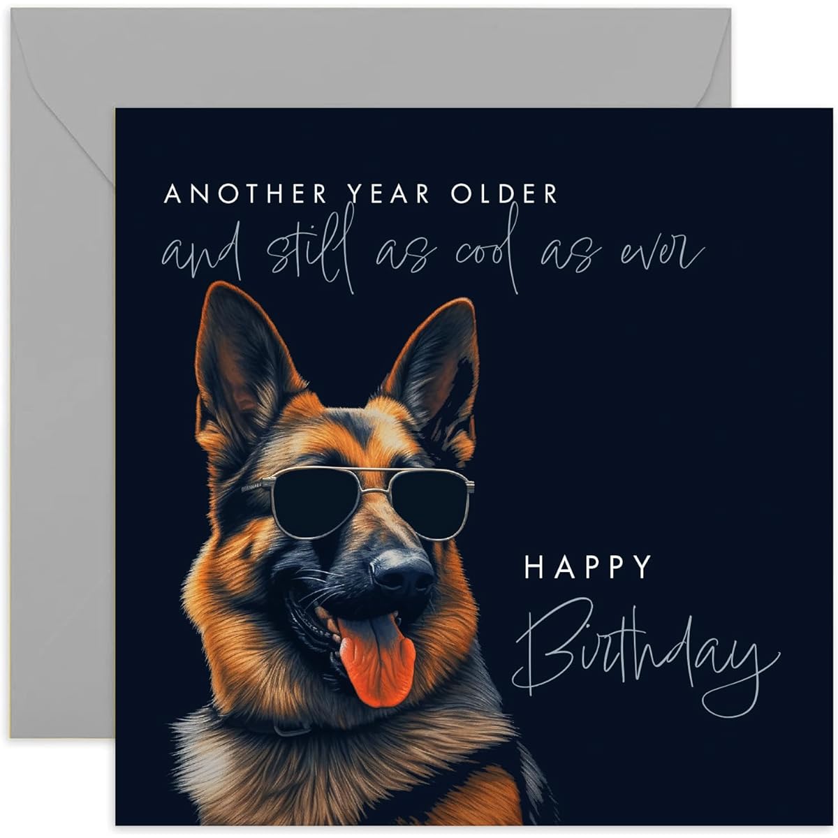 Old English Co. 'Another Year Older and Still as Cool as Ever' Funny Birthday Card - German Shepherd Dog Birthday Card - Cheerful Birthday Card for Son, Dad, Grandson | Blank Envelope Inside